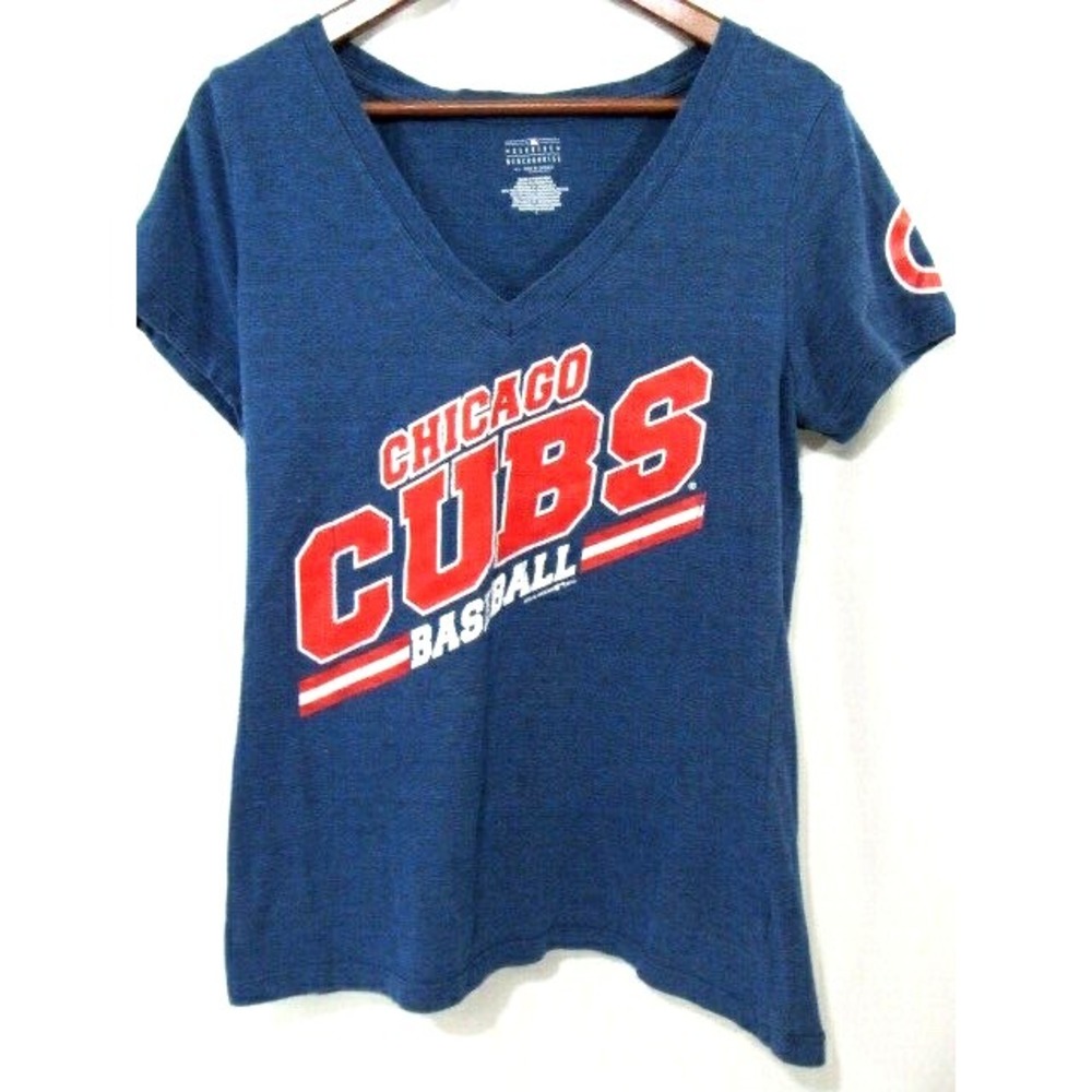 MLB  Chicago Cubs Women's Blue V Neck Poly Blend T-Shirt Sz Large